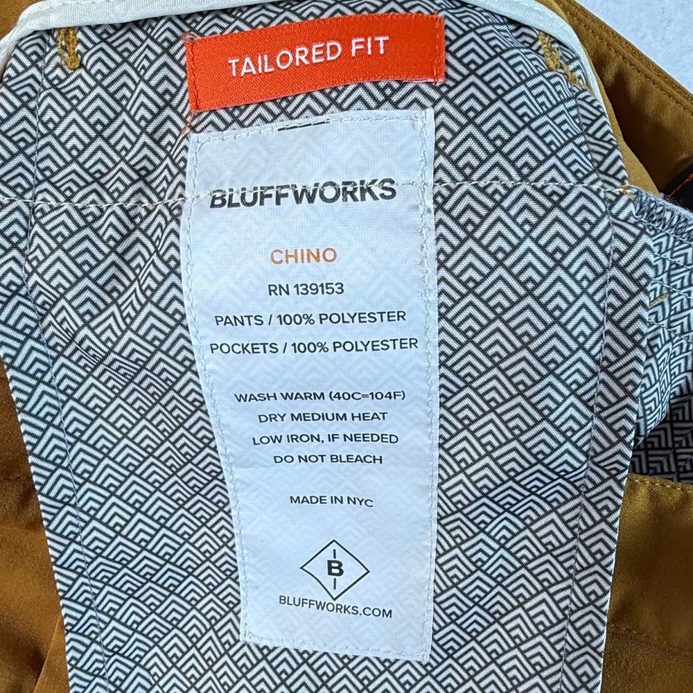 Bluffworks Chino Pants Mens 31x32 Tailored Fit Performance Polyester Gold Brown - Picture 5 of 9